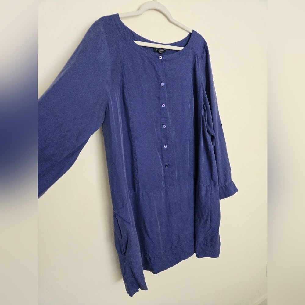 Eileen Fisher Midnight Blue Silk Drop Waist Long Sleeve Dress w/ Pockets | L